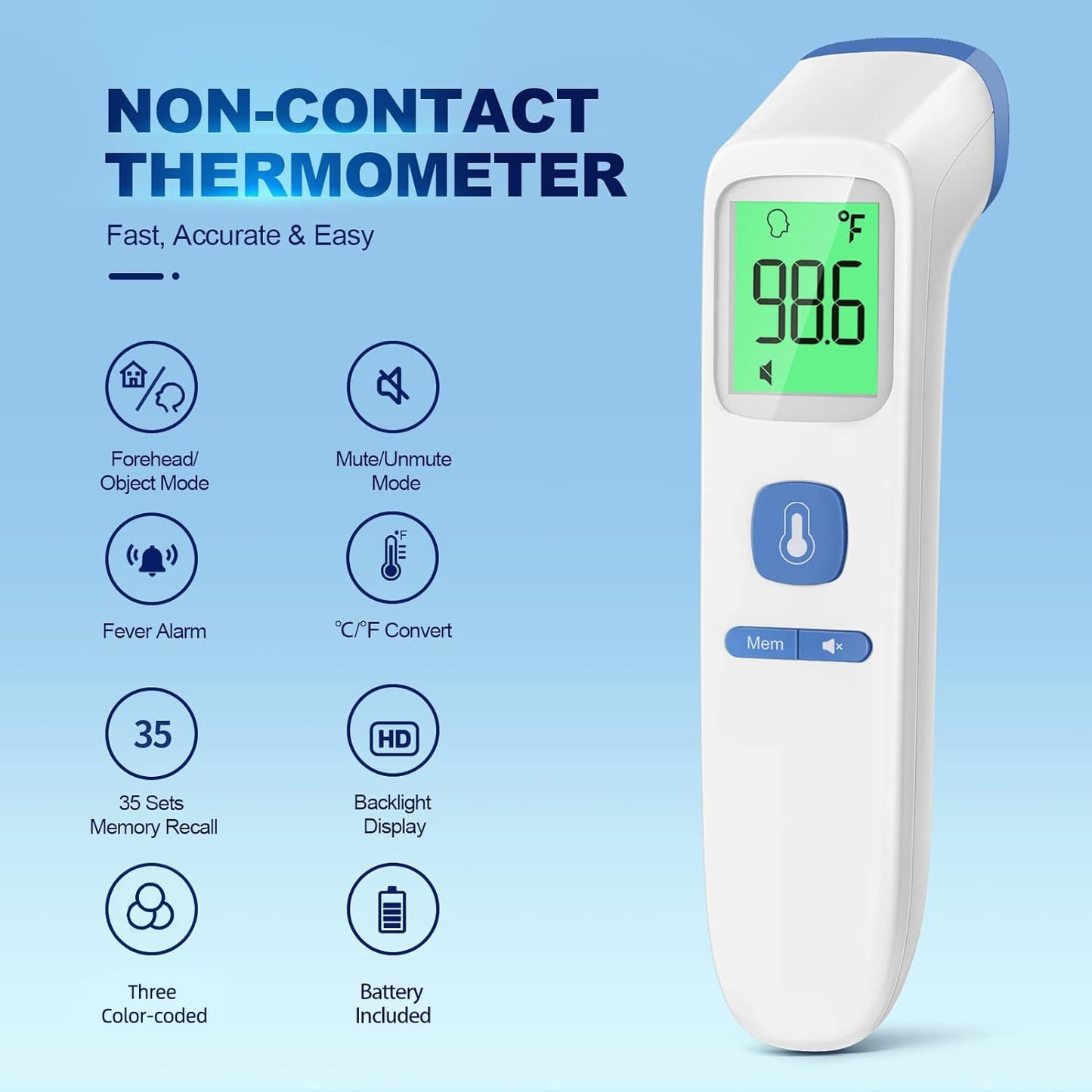 Thermometer for Adults and Kids, Digital Forehead Thermometer with Fever Alarm, Silent Mode & 35-Set Memory, Object 2 in 1 Mode, FSA/HSA Eligible