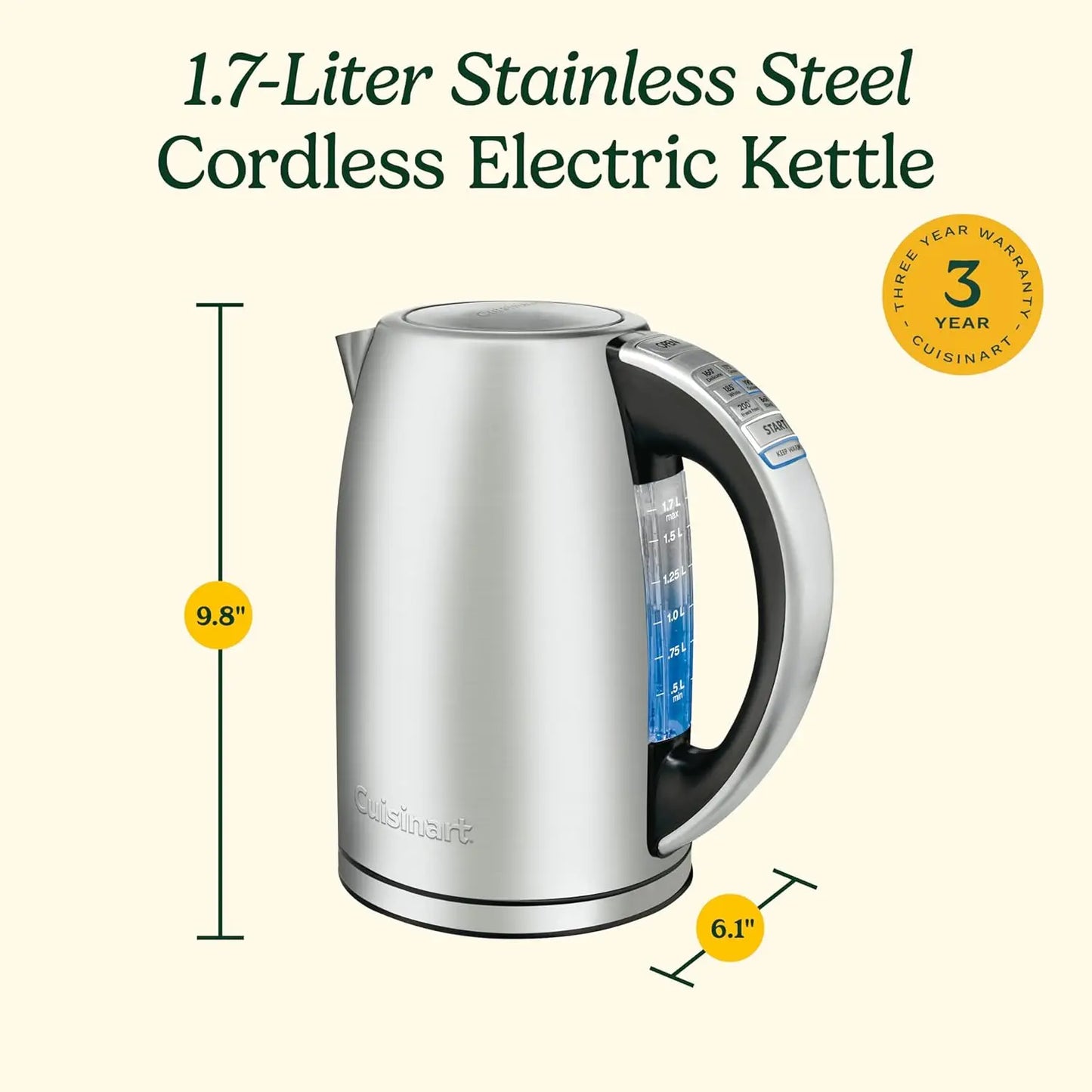 Cuisinart Stainless Steel Electric Kettle, 1.7L, 6 Temp Presets