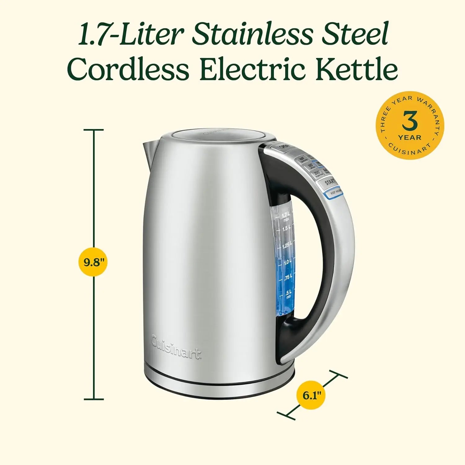 Cuisinart Stainless Steel Electric Kettle, 1.7L, 6 Temp Presets
